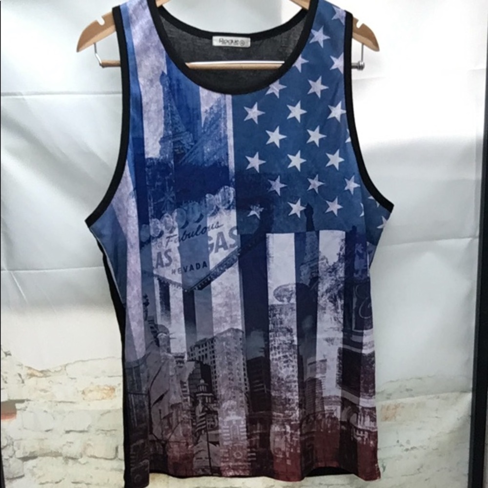Men’s Patriotic Novelty Las Vegas Skyline Graphic Red White and Blue Tank Top